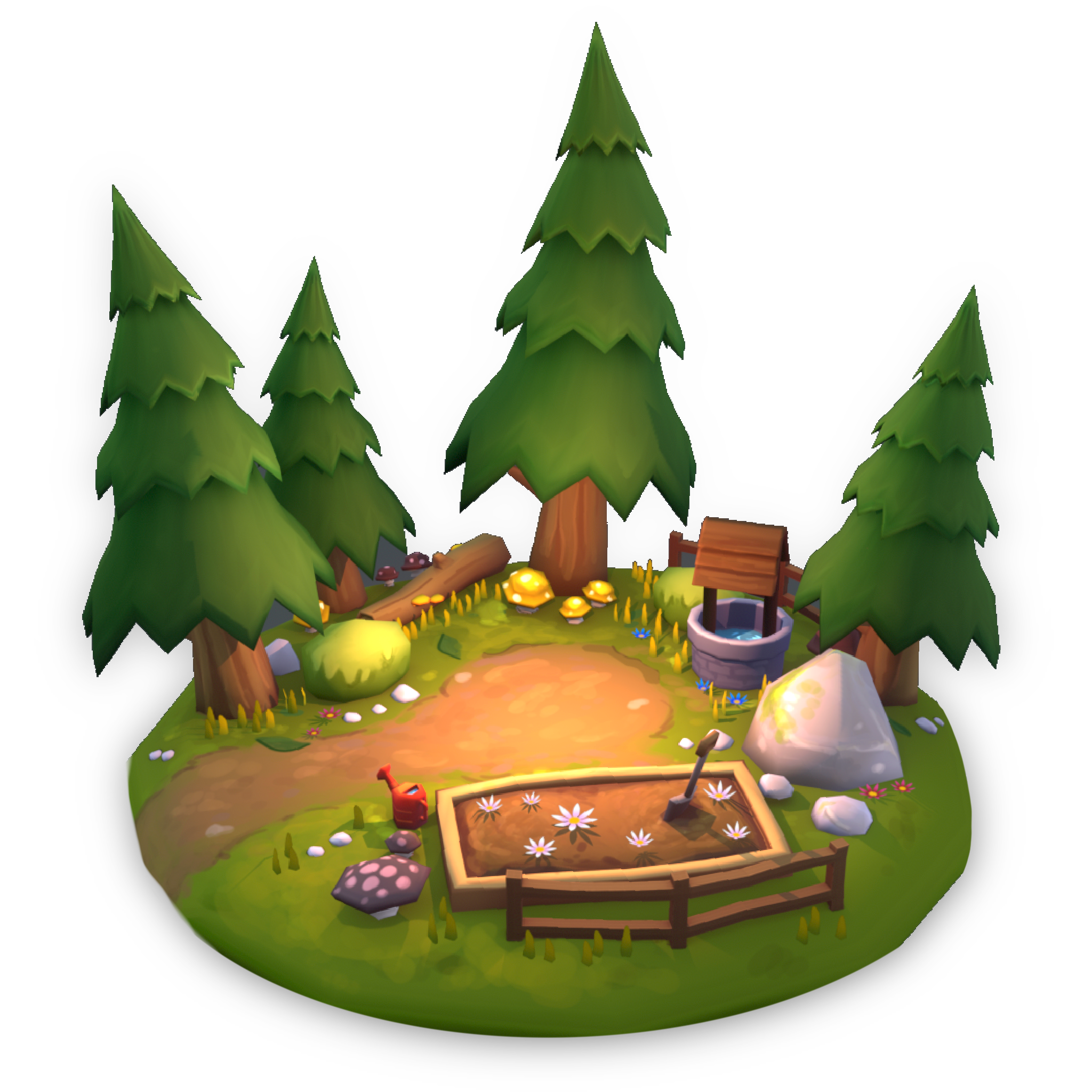 Forest environment — hand-painted 3D isometric diorama with trees, pond, well, mushrooms, and a turtle